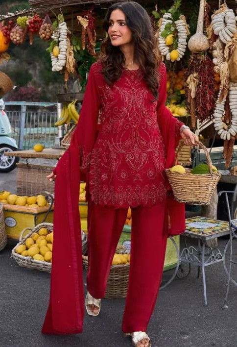 Cherry Red Embroidered Georgette Designer Suit
